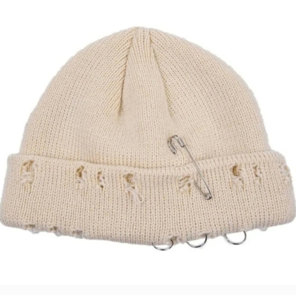 Unique Beige-White Knit Beanie with Hooks